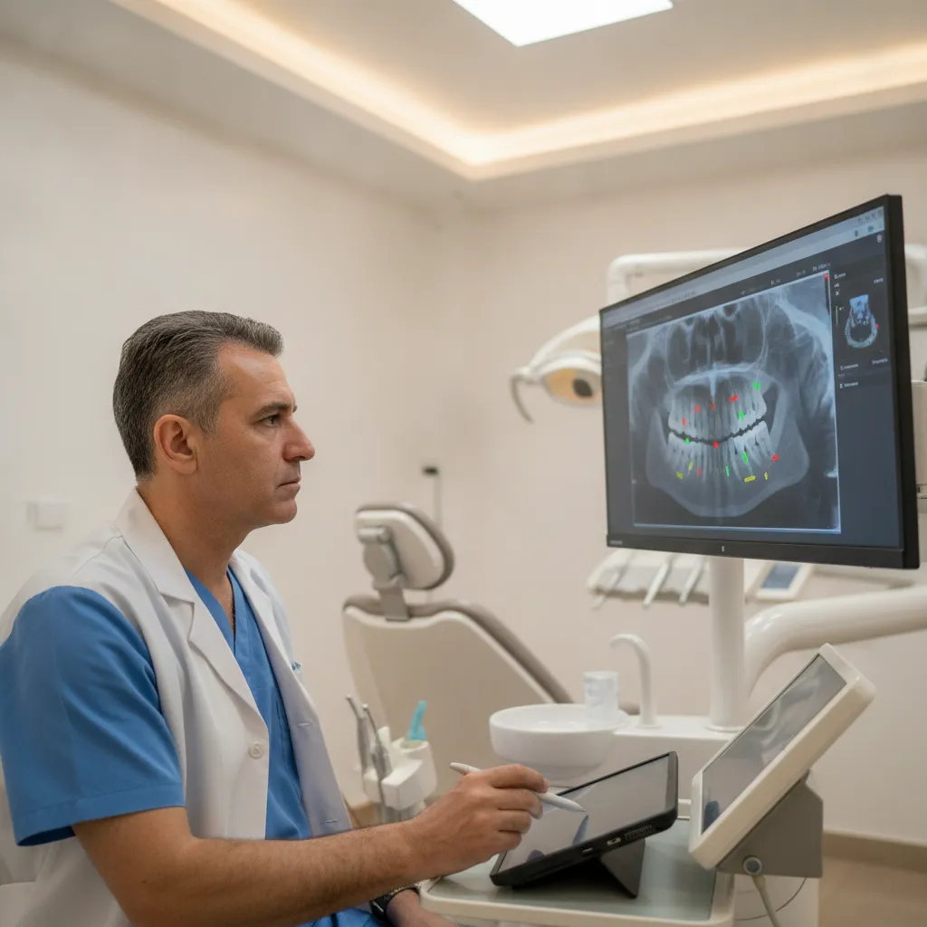 Dr. Benbrahim examinant une radio 3D CBCT pour un diagnostic orthodontique au Centre Dentaire Platine
